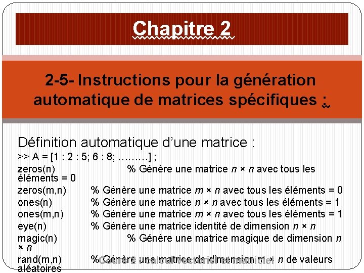 Chapitre 2 2 -5 - Instructions pour la génération automatique de matrices spécifiques :