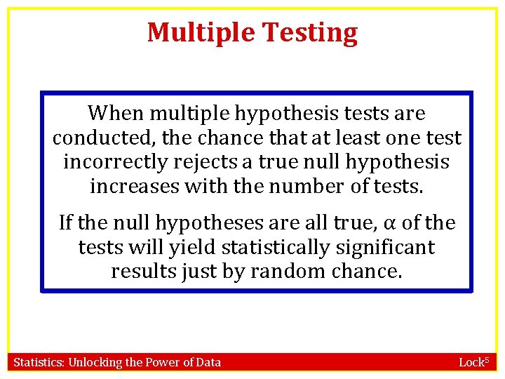 Multiple Testing When multiple hypothesis tests are conducted, the chance that at least one