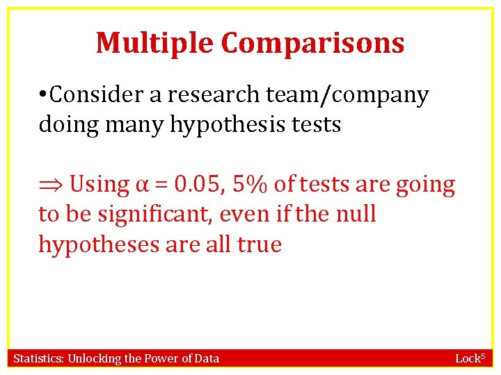 Multiple Comparisons • Consider a research team/company doing many hypothesis tests Using α =