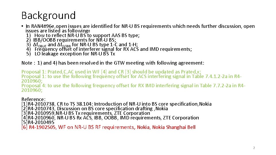 Background • In RAN 4#96 e, open issues are identified for NR-U BS requirements