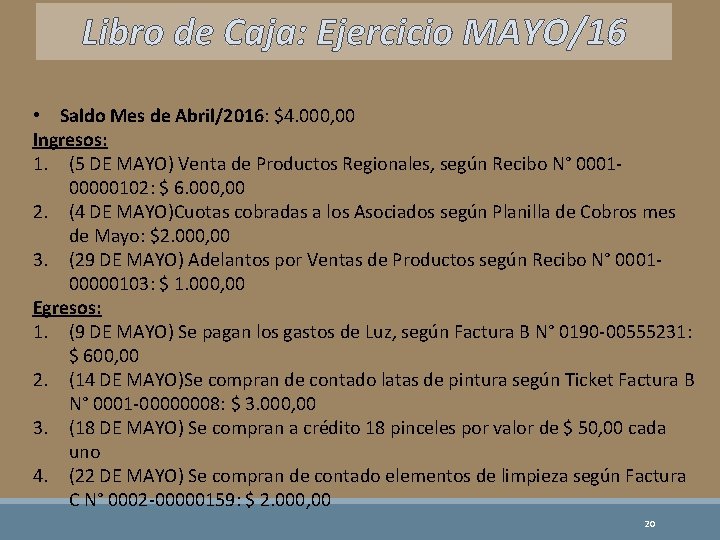 Libro de Caja: Ejercicio MAYO/16 • Saldo Mes de Abril/2016: $4. 000, 00 Ingresos: