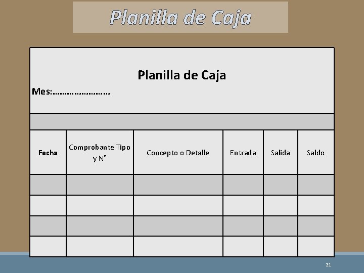 Planilla de Caja Mes: ………… Fecha Comprobante Tipo y N° Concepto o Detalle Entrada