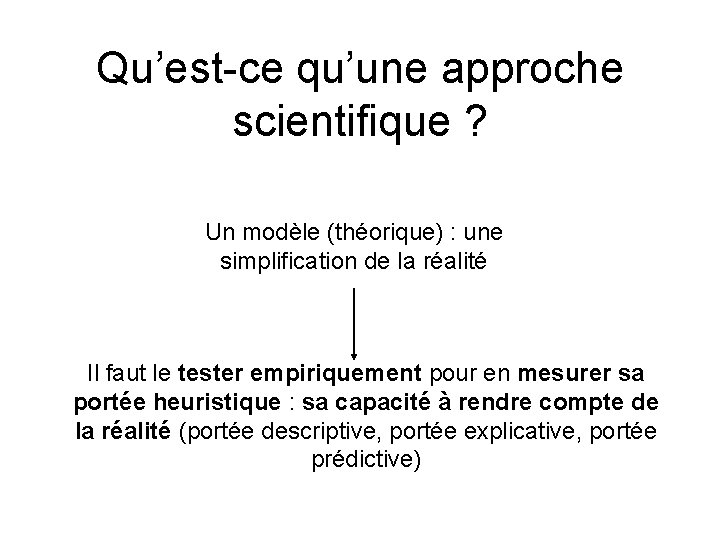 Qu’est-ce qu’une approche scientifique ? Un modèle (théorique) : une simplification de la réalité