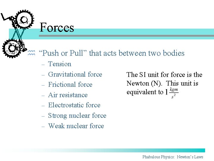 Forces h “Push or Pull” that acts between two bodies – – – – Forces h “Push or Pull” that acts between two bodies – – – –
