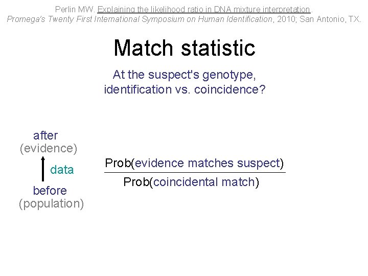 Perlin MW. Explaining the likelihood ratio in DNA mixture interpretation. Promega's Twenty First International