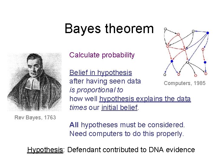 Bayes theorem Calculate probability Belief in hypothesis after having seen data Computers, 1985 is