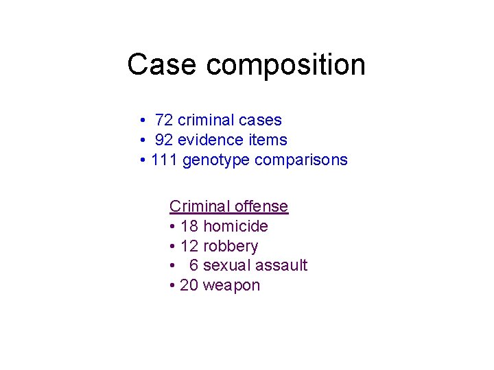 Case composition • 72 criminal cases • 92 evidence items • 111 genotype comparisons
