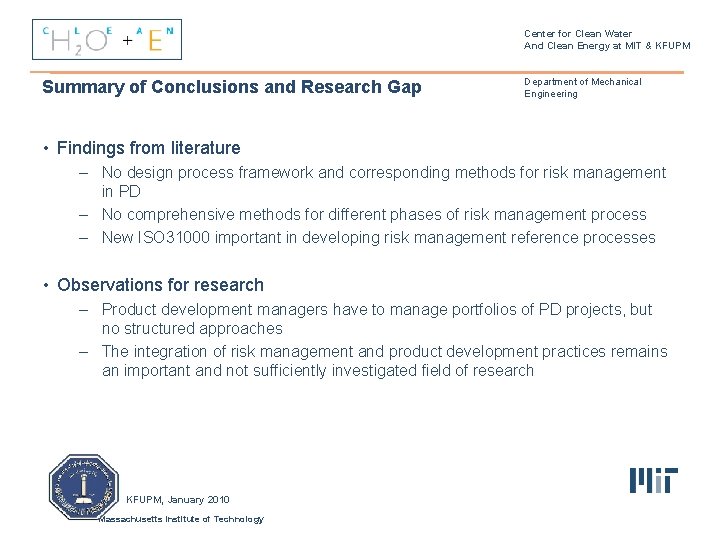 Center for Clean Water And Clean Energy at MIT & KFUPM Summary of Conclusions