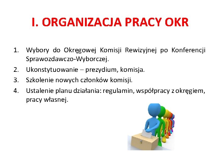 I. ORGANIZACJA PRACY OKR 1. Wybory do Okręgowej Komisji Rewizyjnej po Konferencji Sprawozdawczo-Wyborczej. 2.