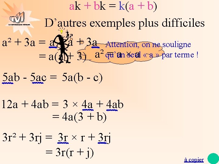 Les mathématiques autrement ak + bk = k(a + b) D’autres exemples plus difficiles