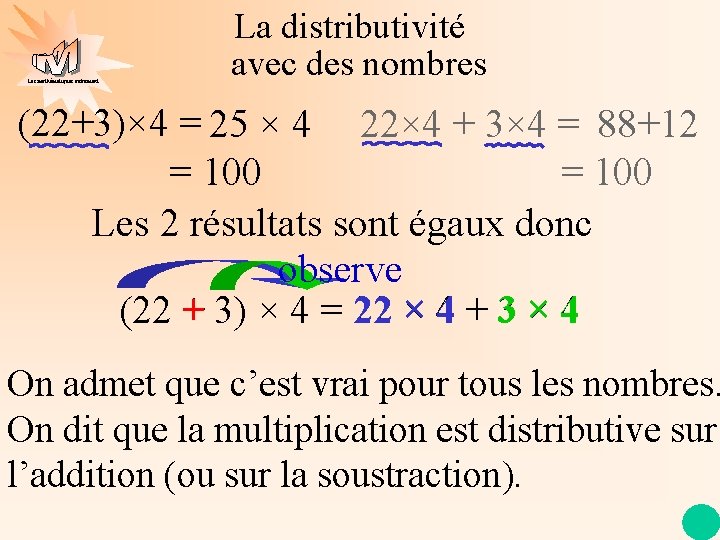 Les mathématiques autrement La distributivité avec des nombres (22+3)× 4 = 25 × 4