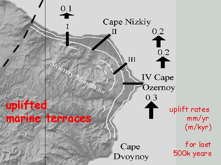 uplifted marine terraces uplift rates mm/yr (m/kyr) for last 500 k years 