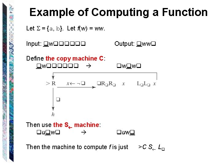 Example of Computing a Function Let = {a, b}. Let f(w) = ww. Input:
