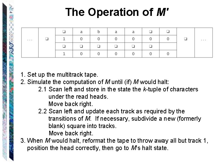 The Operation of M' 1. Set up the multitrack tape. 2. Simulate the computation