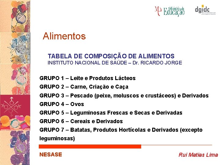 Alimentos TABELA DE COMPOSIÇÃO DE ALIMENTOS INSTITUTO NACIONAL DE SAÚDE – Dr. RICARDO JORGE