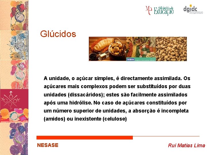 Glúcidos A unidade, o açúcar simples, é directamente assimilada. Os açúcares mais complexos podem