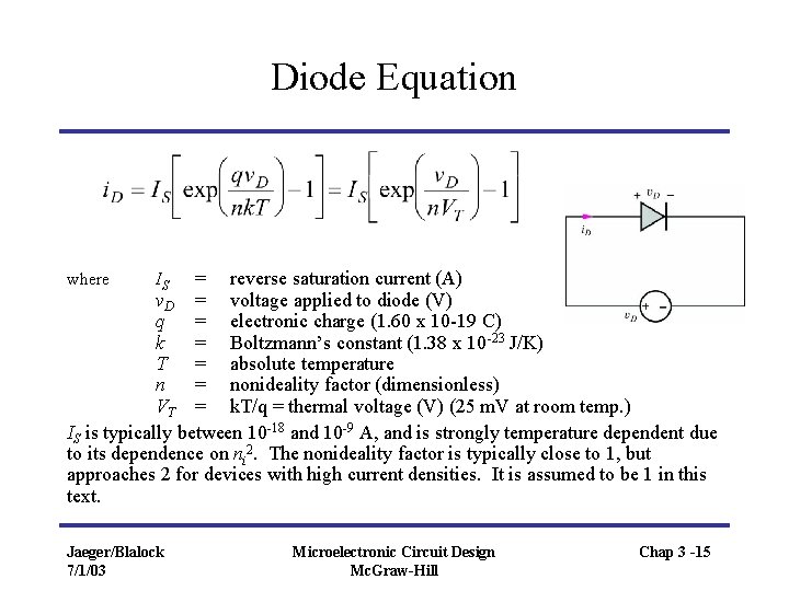Diode Equation = reverse saturation current (A) v. D = voltage applied to diode