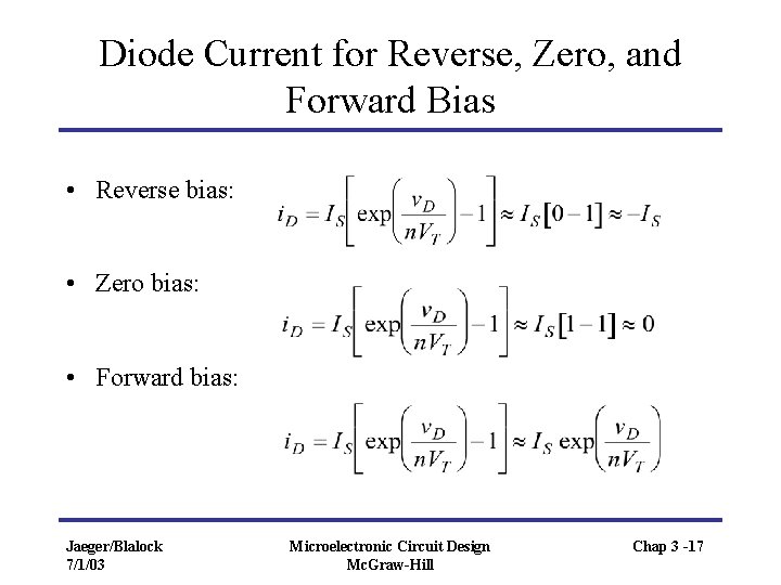 Diode Current for Reverse, Zero, and Forward Bias • Reverse bias: • Zero bias: