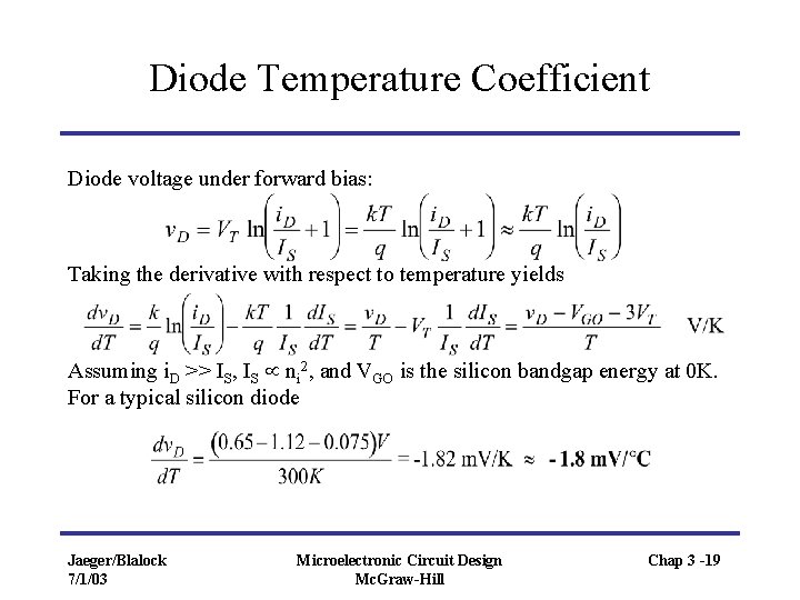 Diode Temperature Coefficient Diode voltage under forward bias: Taking the derivative with respect to