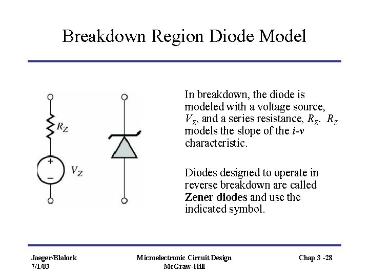 Breakdown Region Diode Model In breakdown, the diode is modeled with a voltage source,