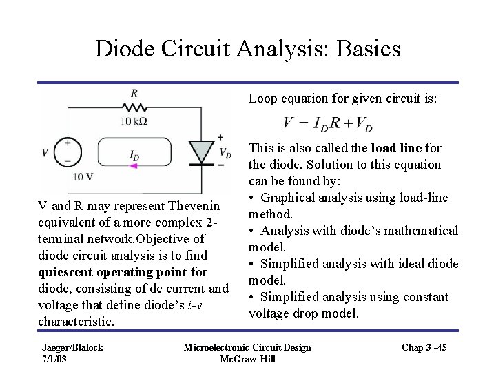 Diode Circuit Analysis: Basics Loop equation for given circuit is: V and R may