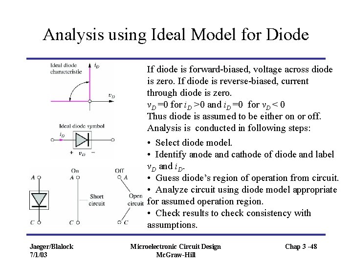Analysis using Ideal Model for Diode If diode is forward-biased, voltage across diode is