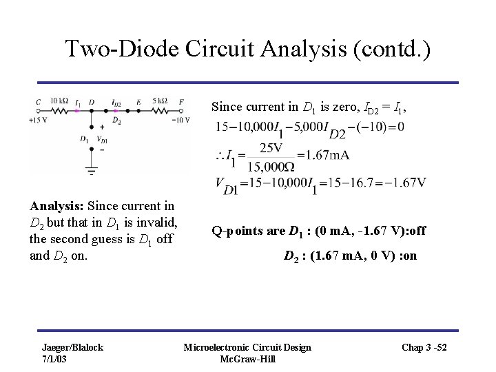 Two-Diode Circuit Analysis (contd. ) Since current in D 1 is zero, ID 2