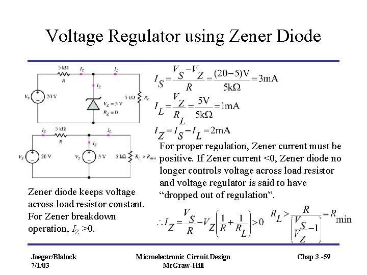 Voltage Regulator using Zener Diode Zener diode keeps voltage across load resistor constant. For