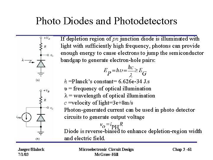 Photo Diodes and Photodetectors If depletion region of pn junction diode is illuminated with