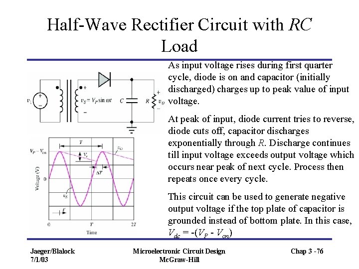 Half-Wave Rectifier Circuit with RC Load As input voltage rises during first quarter cycle,