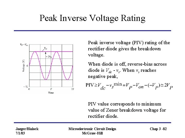 Peak Inverse Voltage Rating Peak inverse voltage (PIV) rating of the rectifier diode gives