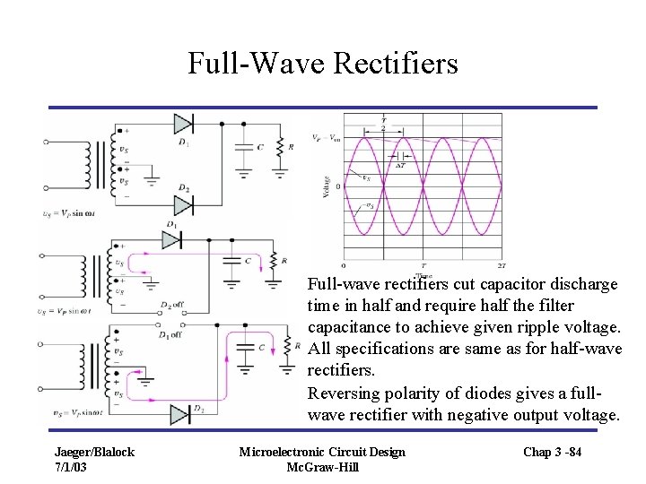 Full-Wave Rectifiers Full-wave rectifiers cut capacitor discharge time in half and require half the