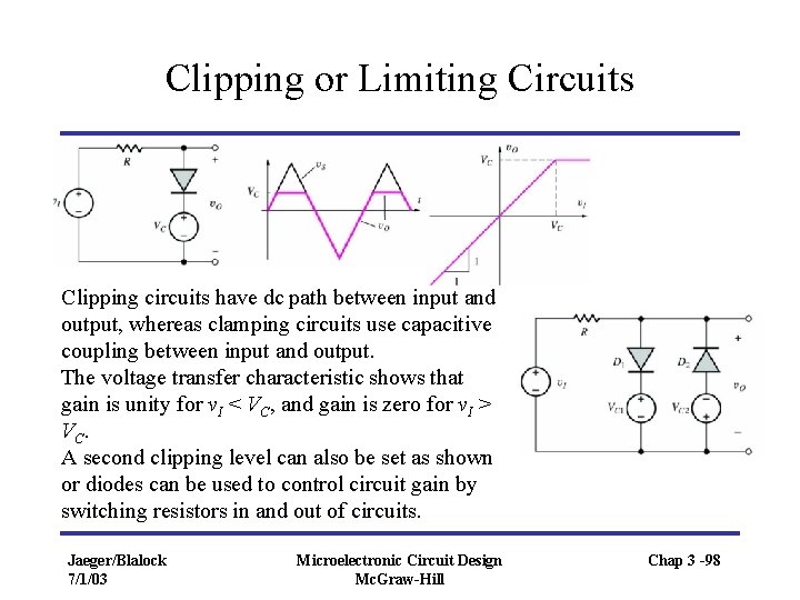 Clipping or Limiting Circuits Clipping circuits have dc path between input and output, whereas