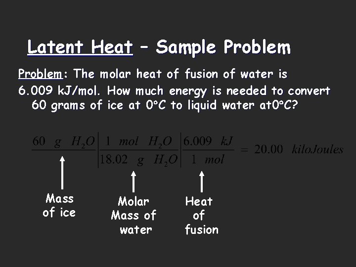 Latent Heat – Sample Problem: The molar heat of fusion of water is 6.