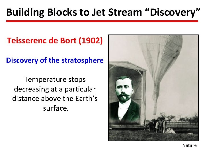 Building Blocks to Jet Stream “Discovery” Teisserenc de Bort (1902) Discovery of the stratosphere