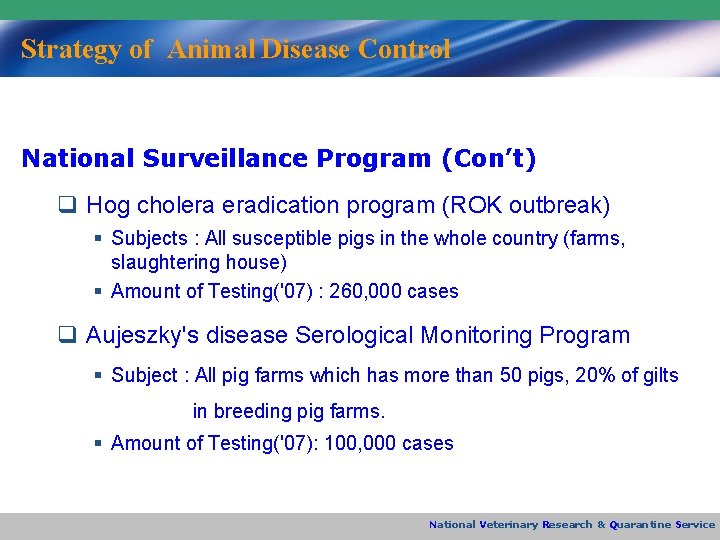 Strategy of Animal Disease Control National Surveillance Program (Con’t) q Hog cholera eradication program