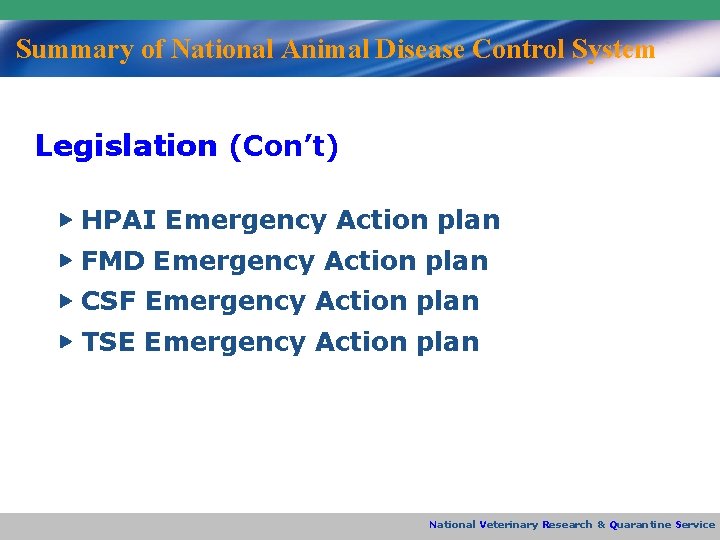 Summary of National Animal Disease Control System Legislation (Con’t) ▶ HPAI Emergency Action plan