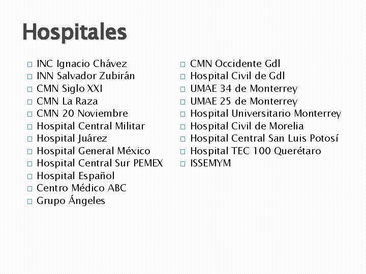 Hospitales � � � INC Ignacio Chávez INN Salvador Zubirán CMN Siglo XXI CMN