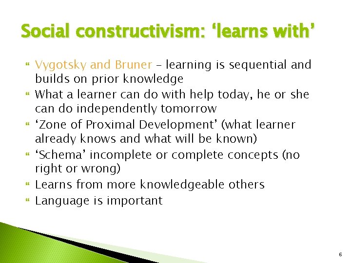 Social constructivism: ‘learns with’ Vygotsky and Bruner – learning is sequential and builds on Social constructivism: ‘learns with’ Vygotsky and Bruner – learning is sequential and builds on