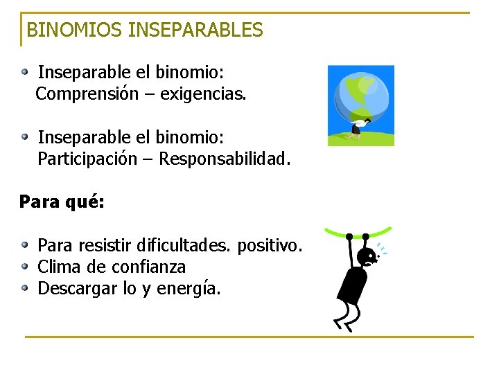 BINOMIOS INSEPARABLES Inseparable el binomio: Comprensión – exigencias. Inseparable el binomio: Participación – Responsabilidad. BINOMIOS INSEPARABLES Inseparable el binomio: Comprensión – exigencias. Inseparable el binomio: Participación – Responsabilidad.