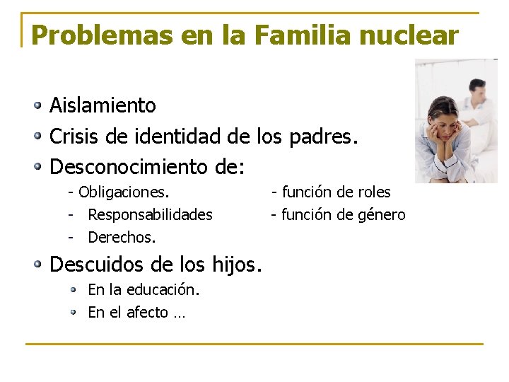 Problemas en la Familia nuclear Aislamiento Crisis de identidad de los padres. Desconocimiento de: Problemas en la Familia nuclear Aislamiento Crisis de identidad de los padres. Desconocimiento de: