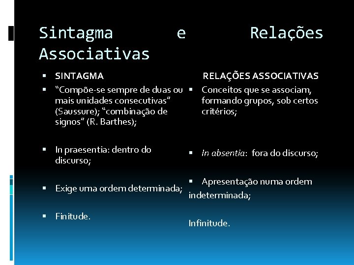 Sintagma Associativas e Relações RELAÇÕES ASSOCIATIVAS SINTAGMA “Compõe-se sempre de duas ou Conceitos que Sintagma Associativas e Relações RELAÇÕES ASSOCIATIVAS SINTAGMA “Compõe-se sempre de duas ou Conceitos que