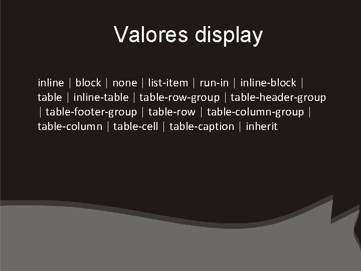 Valores display inline | block | none | list-item | run-in | inline-block |