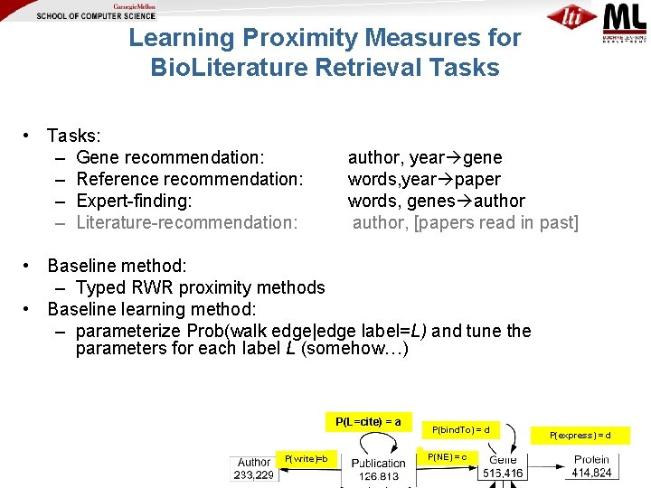 Learning Proximity Measures for Bio. Literature Retrieval Tasks • Tasks: – Gene recommendation: –