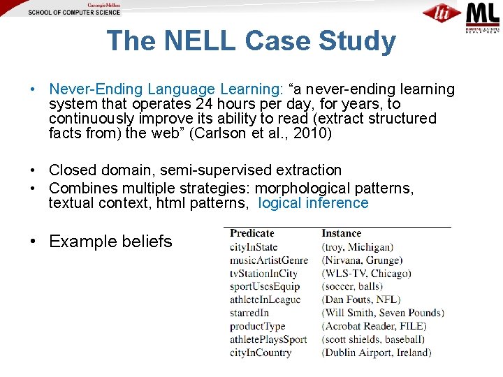The NELL Case Study • Never-Ending Language Learning: “a never-ending learning system that operates