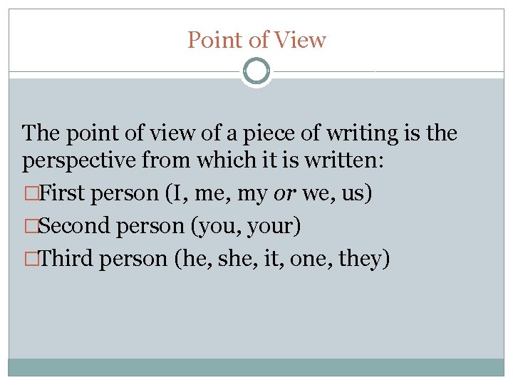 Point of View The point of view of a piece of writing is the