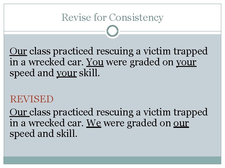 Revise for Consistency Our class practiced rescuing a victim trapped in a wrecked car.