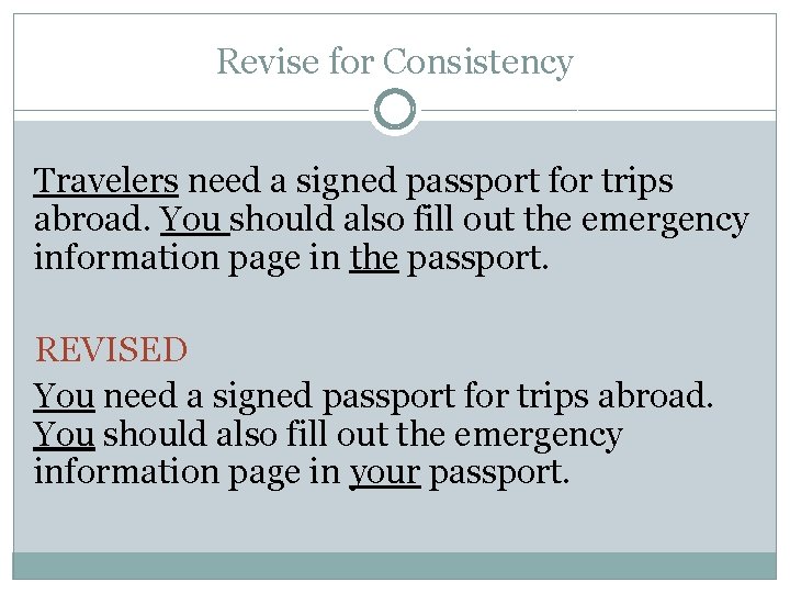 Revise for Consistency Travelers need a signed passport for trips abroad. You should also