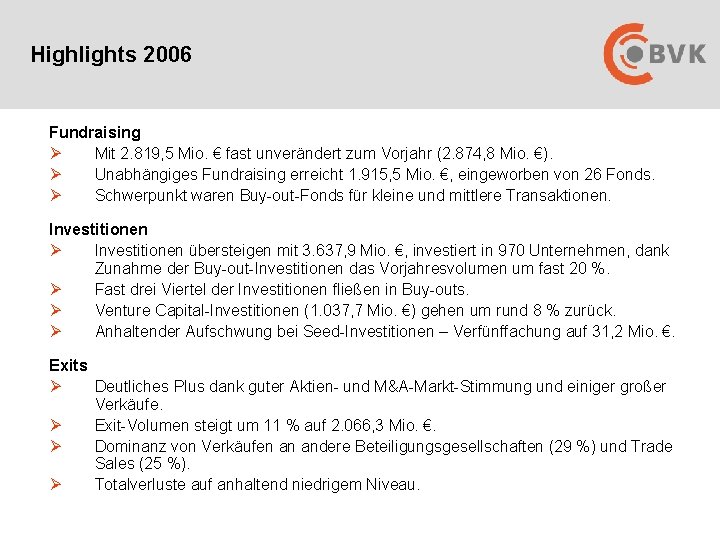 Highlights 2006 Fundraising Ø Mit 2. 819, 5 Mio. € fast unverändert zum Vorjahr