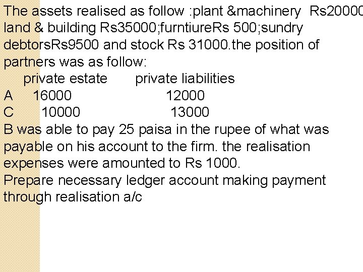 The assets realised as follow : plant &machinery Rs 20000 land & building Rs